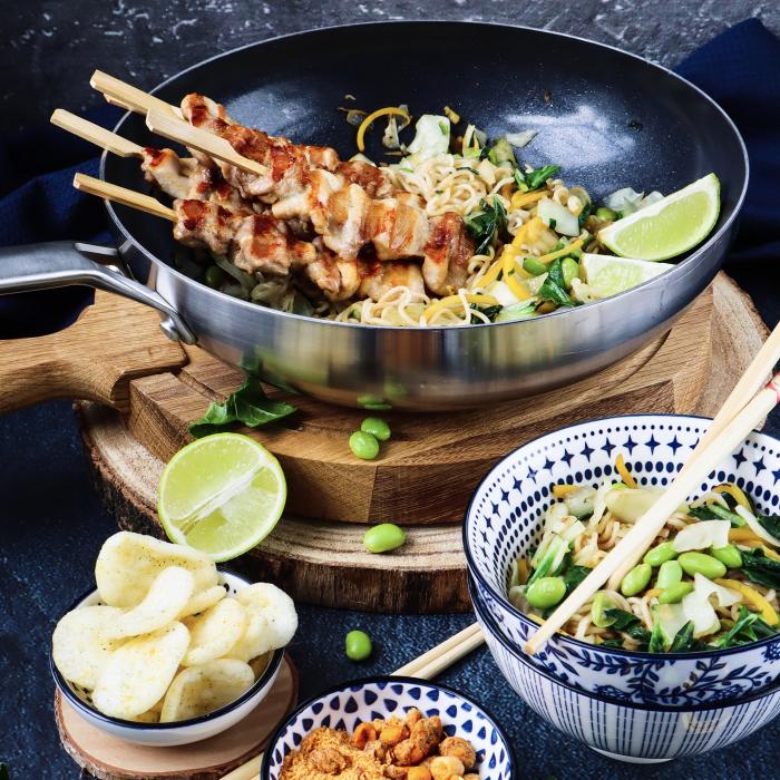 Japanese Stir-Fry with Noodles & Roasted Chicken Skewers
